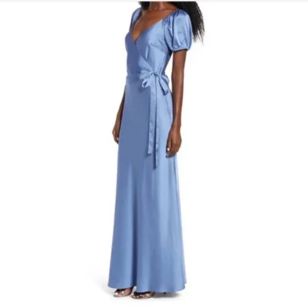 Wayf The Bea Blue Wrap Satin Wrap Maxi Dress
